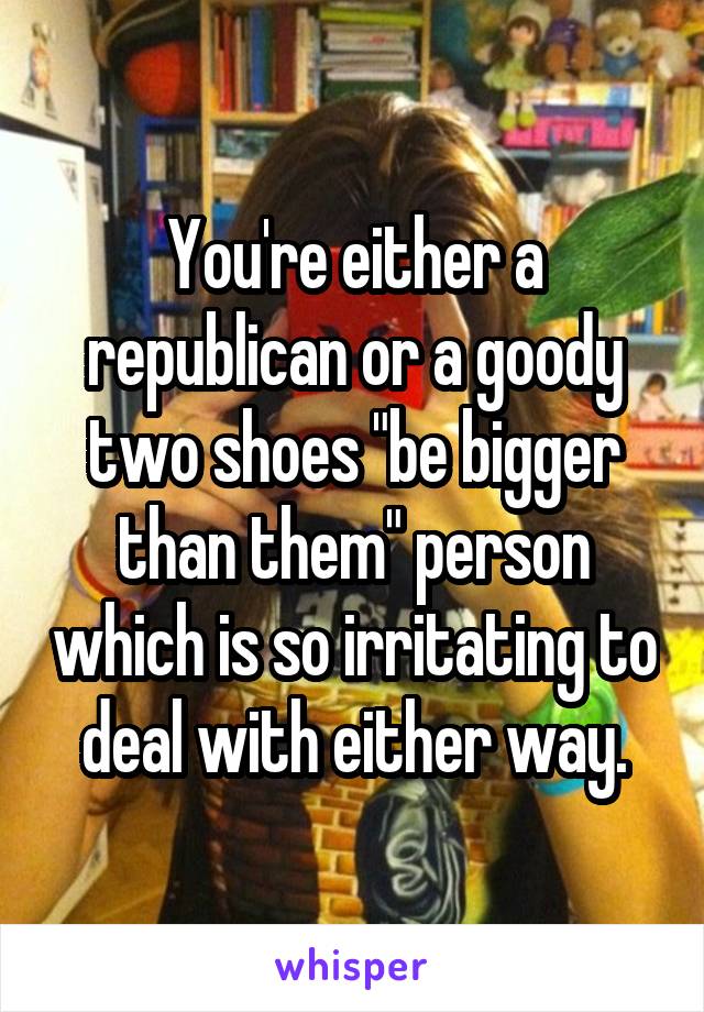 You're either a republican or a goody two shoes "be bigger than them" person which is so irritating to deal with either way.