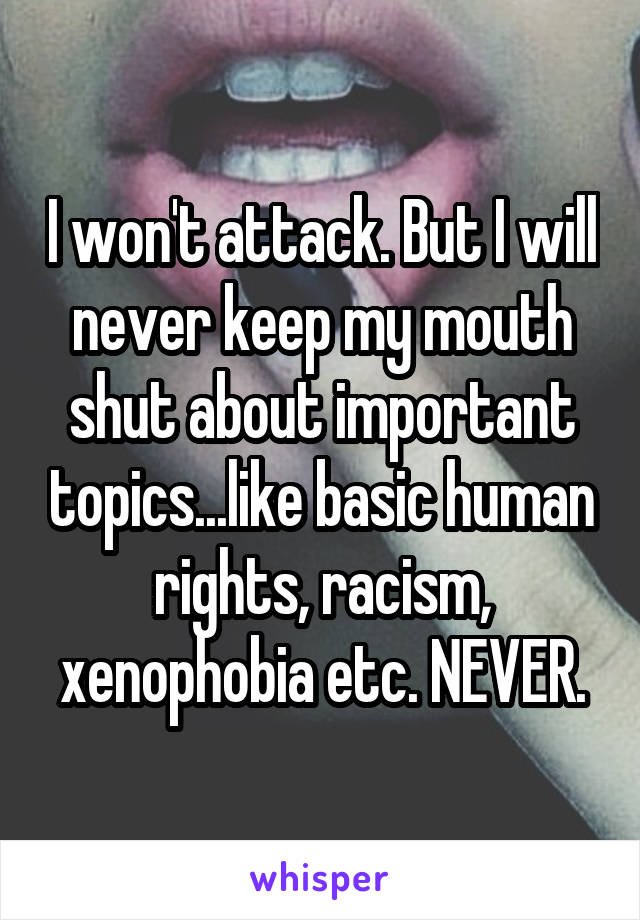 I won't attack. But I will never keep my mouth shut about important topics...like basic human rights, racism, xenophobia etc. NEVER.