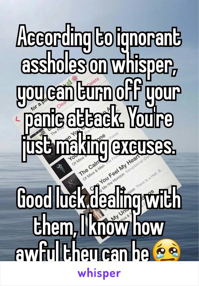 According to ignorant assholes on whisper, you can turn off your panic attack. You're just making excuses.

Good luck dealing with them, I know how awful they can be😢
