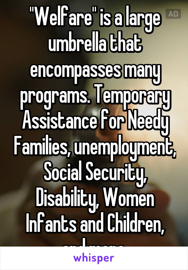 "Welfare" is a large umbrella that encompasses many programs. Temporary Assistance for Needy Families, unemployment, Social Security, Disability, Women Infants and Children, and more.