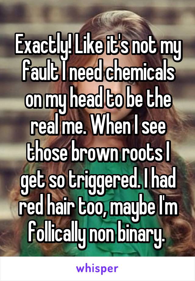 Exactly! Like it's not my fault I need chemicals on my head to be the real me. When I see those brown roots I get so triggered. I had red hair too, maybe I'm follically non binary. 