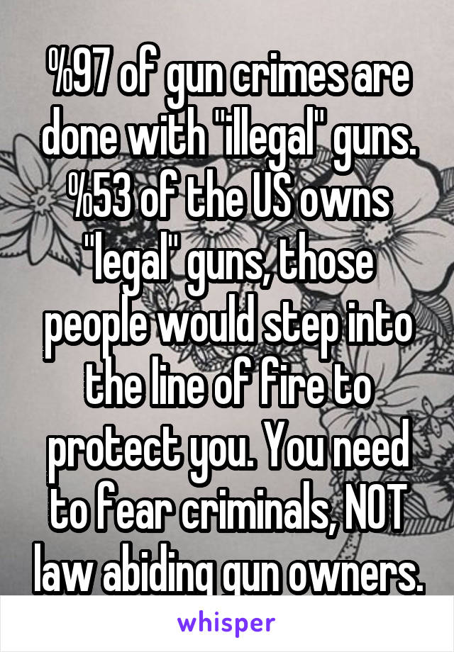 %97 of gun crimes are done with "illegal" guns. %53 of the US owns "legal" guns, those people would step into the line of fire to protect you. You need to fear criminals, NOT law abiding gun owners.