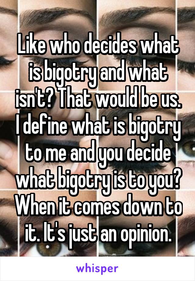 Like who decides what is bigotry and what isn't? That would be us. I define what is bigotry to me and you decide what bigotry is to you? When it comes down to it. It's just an opinion.