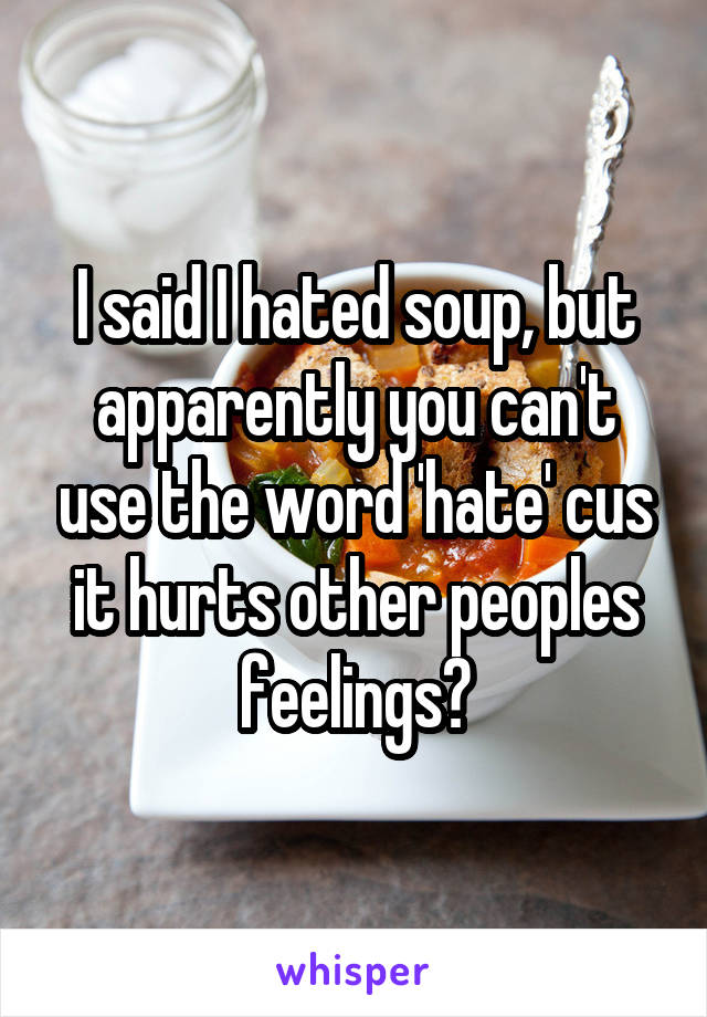 I said I hated soup, but apparently you can't use the word 'hate' cus it hurts other peoples feelings?