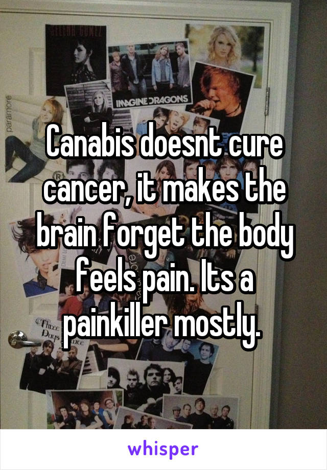 Canabis doesnt cure cancer, it makes the brain forget the body feels pain. Its a painkiller mostly. 