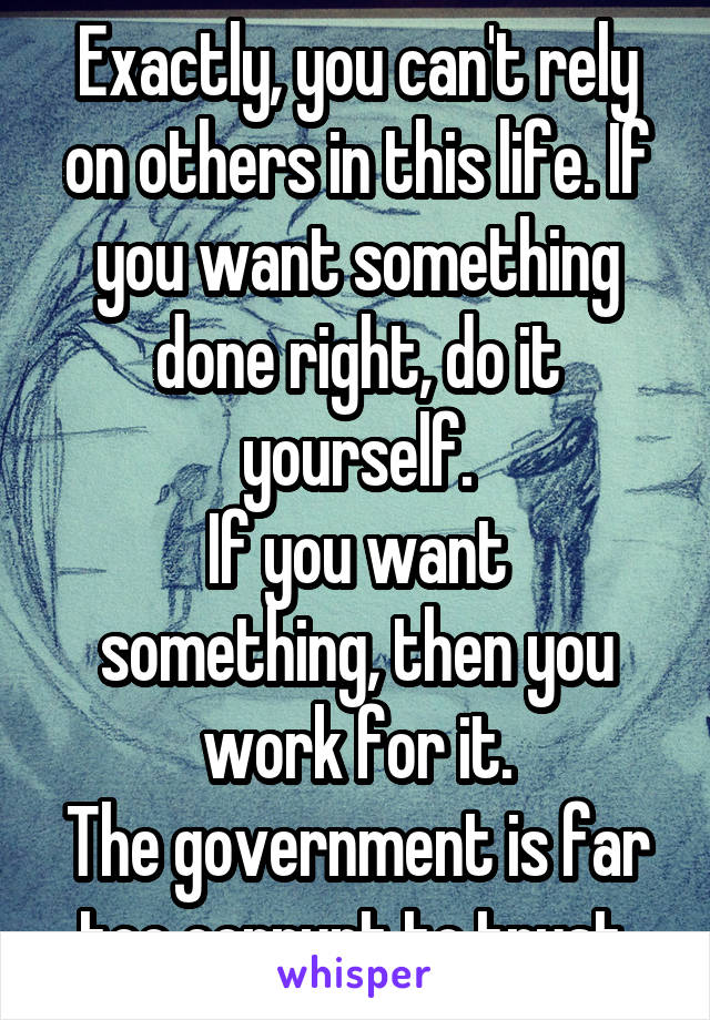 Exactly, you can't rely on others in this life. If you want something done right, do it yourself.
If you want something, then you work for it.
The government is far too corrupt to trust.