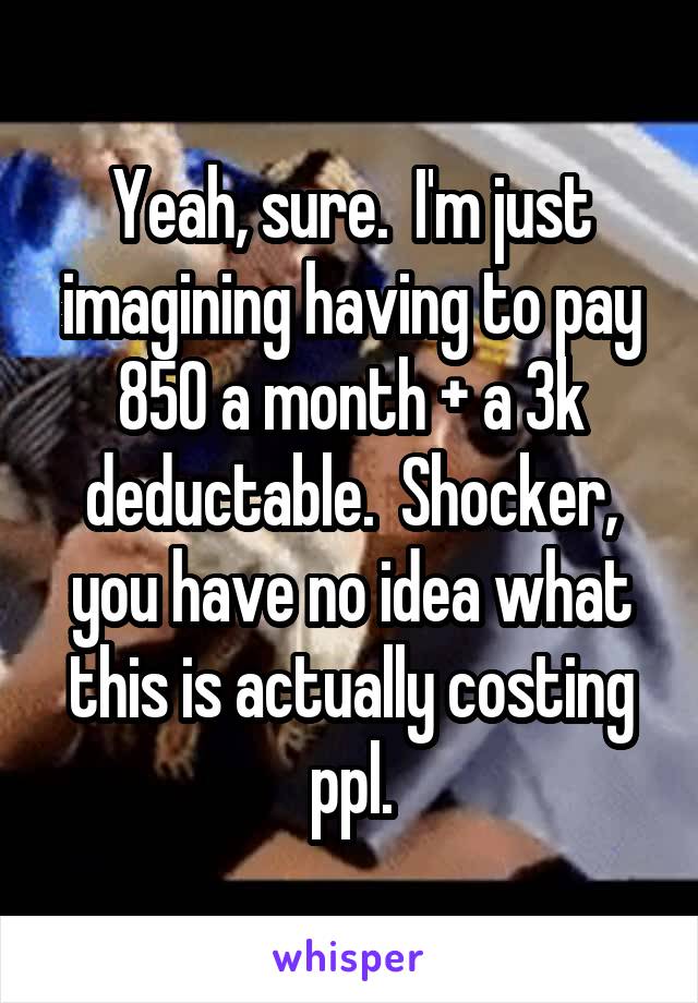 Yeah, sure.  I'm just imagining having to pay 850 a month + a 3k deductable.  Shocker, you have no idea what this is actually costing ppl.