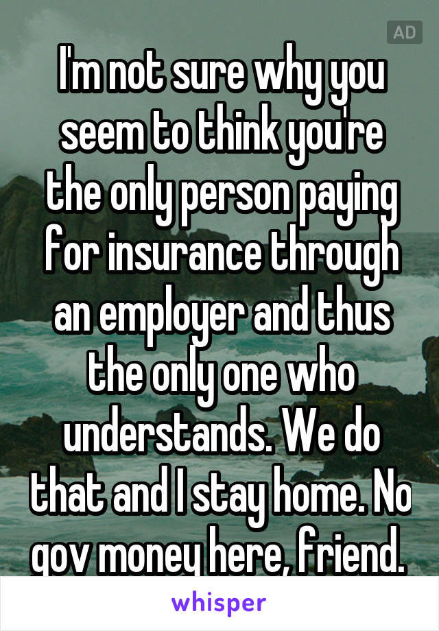 I'm not sure why you seem to think you're the only person paying for insurance through an employer and thus the only one who understands. We do that and I stay home. No gov money here, friend. 