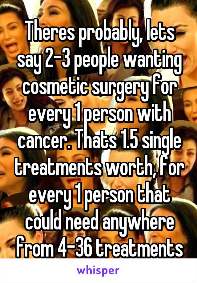 Theres probably, lets say 2-3 people wanting cosmetic surgery for every 1 person with cancer. Thats 1.5 single treatments worth, for every 1 person that could need anywhere from 4-36 treatments