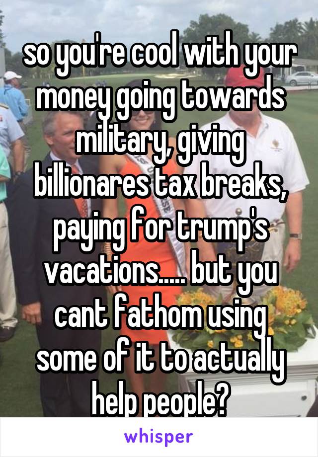 so you're cool with your money going towards military, giving billionares tax breaks, paying for trump's vacations..... but you cant fathom using some of it to actually help people?