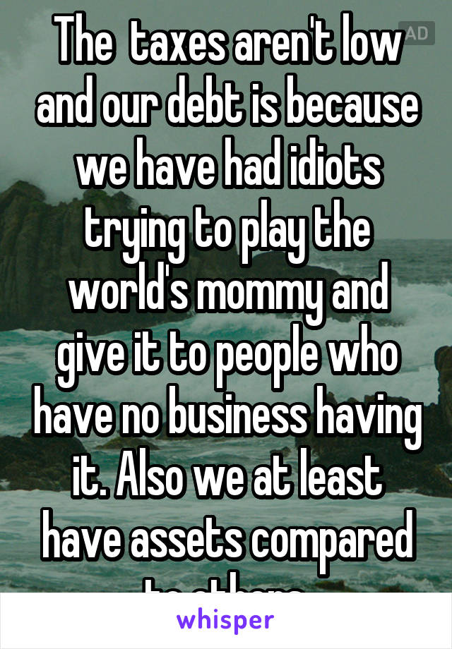 The  taxes aren't low and our debt is because we have had idiots trying to play the world's mommy and give it to people who have no business having it. Also we at least have assets compared to others.
