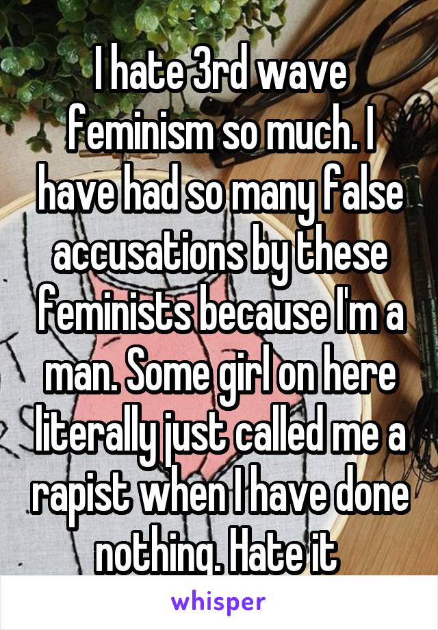 I hate 3rd wave feminism so much. I have had so many false accusations by these feminists because I'm a man. Some girl on here literally just called me a rapist when I have done nothing. Hate it 