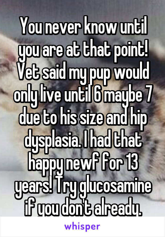 You never know until you are at that point! Vet said my pup would only live until 6 maybe 7 due to his size and hip dysplasia. I had that happy newf for 13 years! Try glucosamine if you don't already.