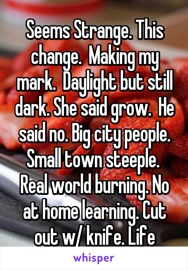 Seems Strange. This change.  Making my mark.  Daylight but still dark. She said grow.  He said no. Big city people. Small town steeple.  Real world burning. No at home learning. Cut out w/ knife. Life