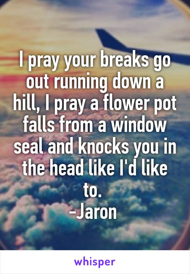 I pray your breaks go out running down a hill, I pray a flower pot falls from a window seal and knocks you in the head like I'd like to. 
-Jaron 