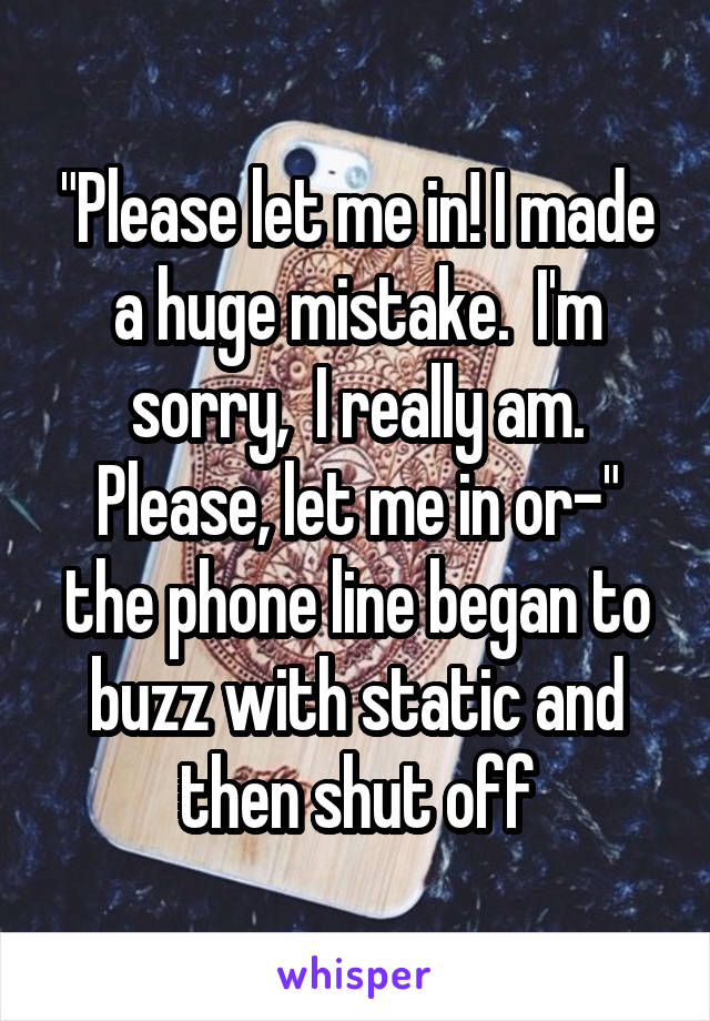 "Please let me in! I made a huge mistake.  I'm sorry,  I really am. Please, let me in or-" the phone line began to buzz with static and then shut off