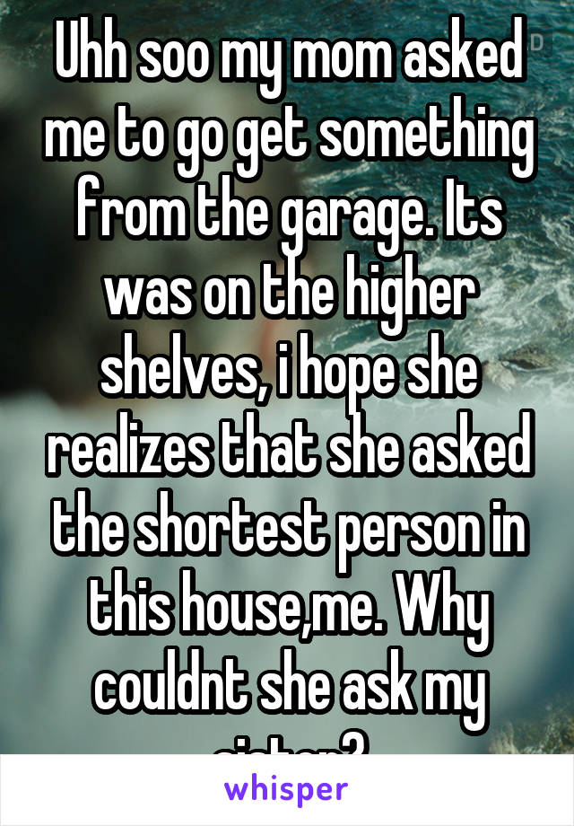 Uhh soo my mom asked me to go get something from the garage. Its was on the higher shelves, i hope she realizes that she asked the shortest person in this house,me. Why couldnt she ask my sister?