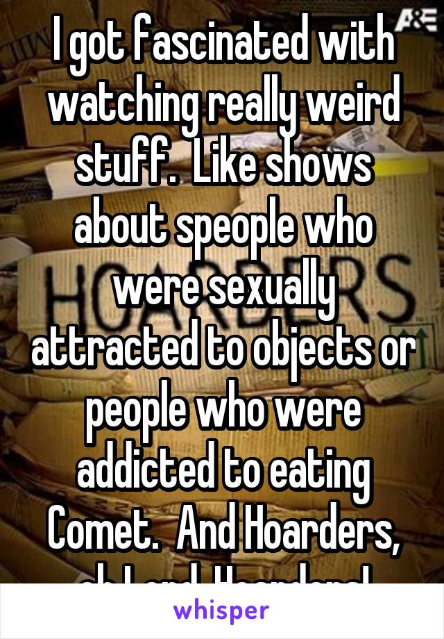 I got fascinated with watching really weird stuff.  Like shows about speople who were sexually attracted to objects or people who were addicted to eating Comet.  And Hoarders, oh Lord, Hoarders!