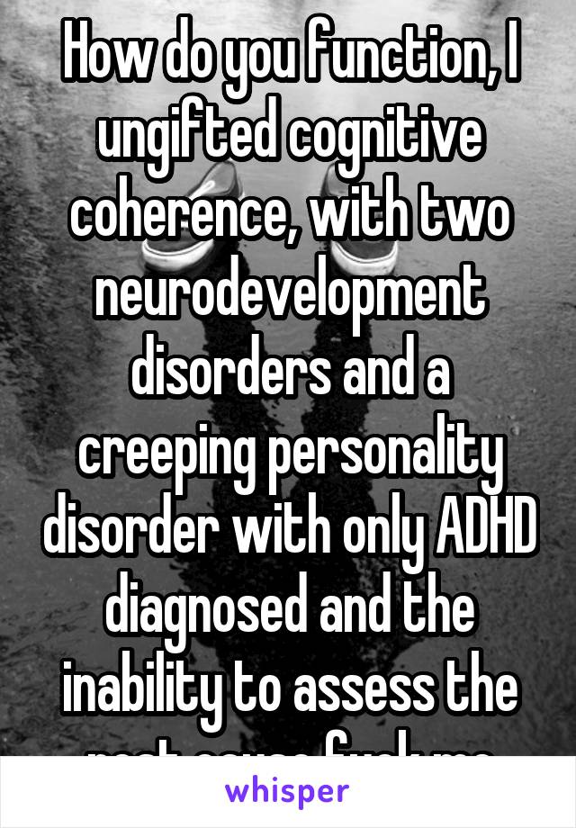 How do you function, I ungifted cognitive coherence, with two neurodevelopment disorders and a creeping personality disorder with only ADHD diagnosed and the inability to assess the rest cause fuck me