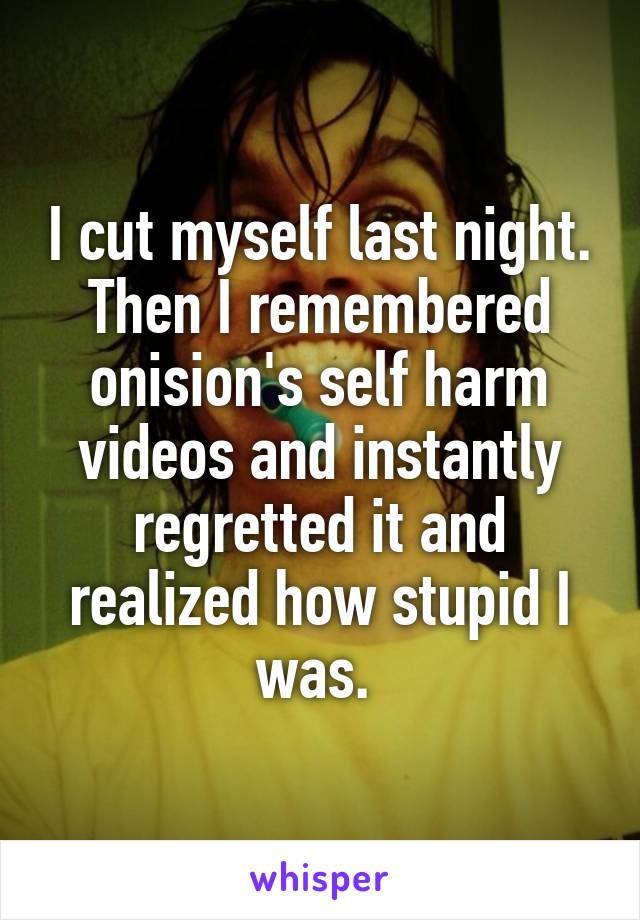 I cut myself last night. Then I remembered onision's self harm videos and instantly regretted it and realized how stupid I was. 