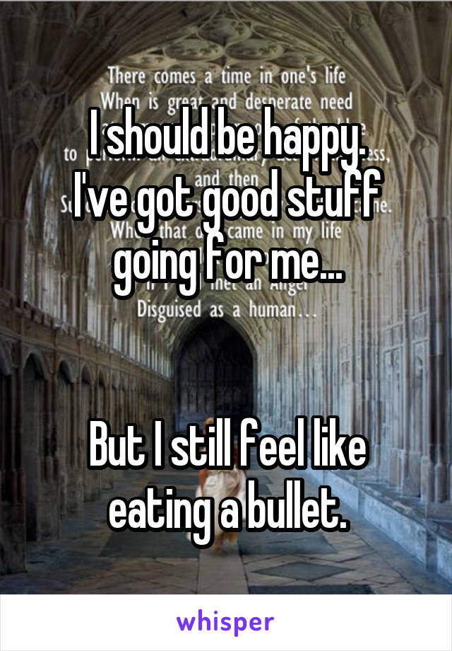 I should be happy.
I've got good stuff going for me...


But I still feel like eating a bullet.