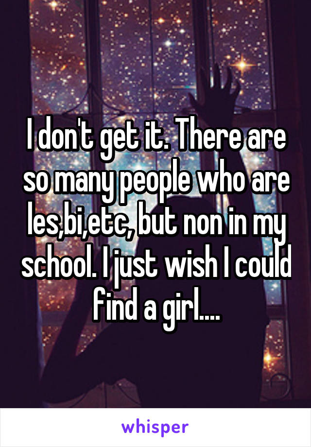 I don't get it. There are so many people who are les,bi,etc, but non in my school. I just wish I could find a girl....