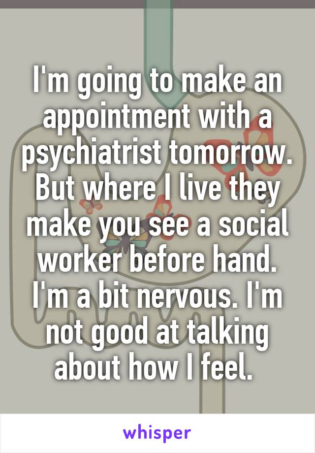 I'm going to make an appointment with a psychiatrist tomorrow. But where I live they make you see a social worker before hand. I'm a bit nervous. I'm not good at talking about how I feel. 