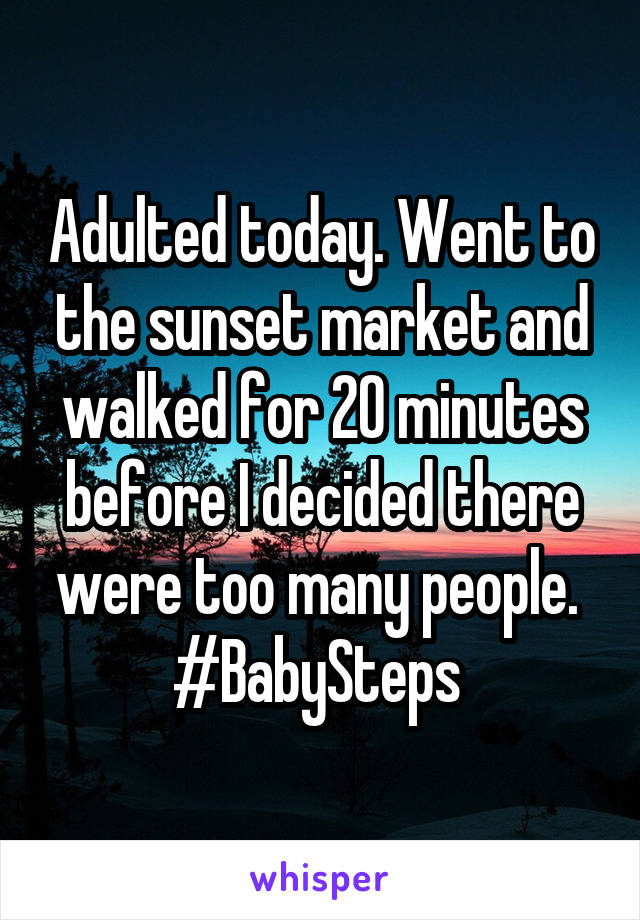 Adulted today. Went to the sunset market and walked for 20 minutes before I decided there were too many people. 
#BabySteps 