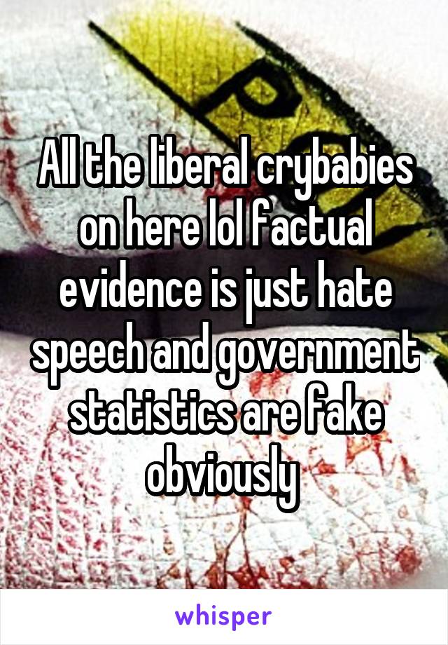 All the liberal crybabies on here lol factual evidence is just hate speech and government statistics are fake obviously 