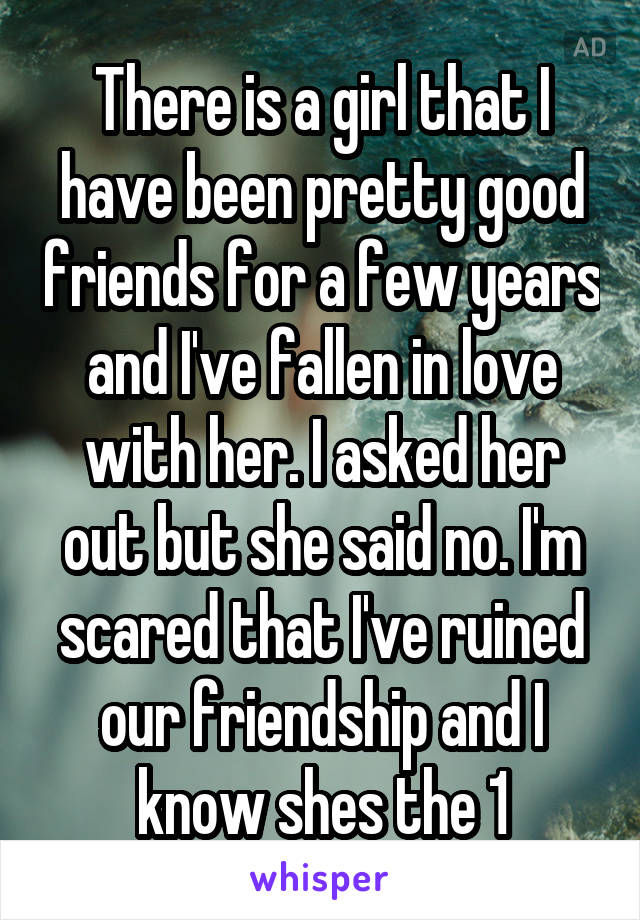 There is a girl that I have been pretty good friends for a few years and I've fallen in love with her. I asked her out but she said no. I'm scared that I've ruined our friendship and I know shes the 1