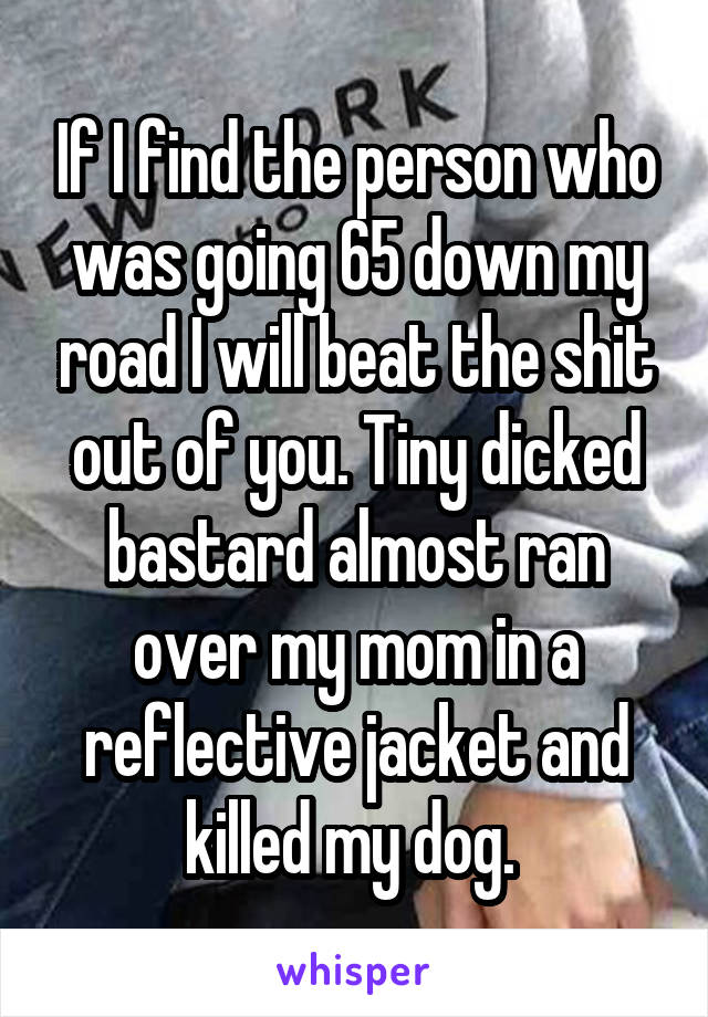 If I find the person who was going 65 down my road I will beat the shit out of you. Tiny dicked bastard almost ran over my mom in a reflective jacket and killed my dog. 