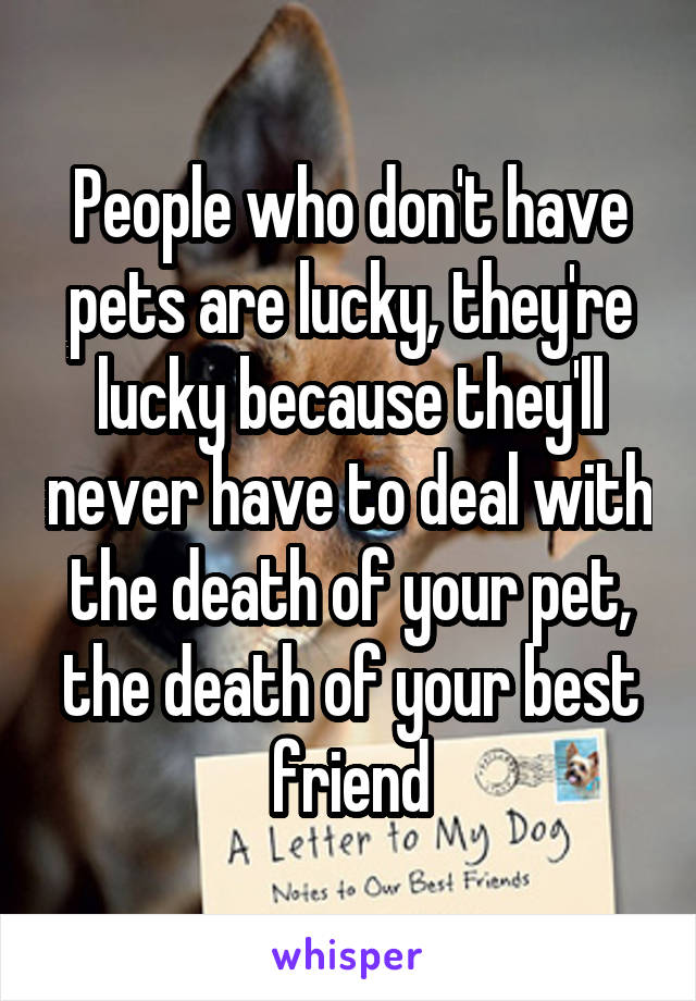 People who don't have pets are lucky, they're lucky because they'll never have to deal with the death of your pet, the death of your best friend