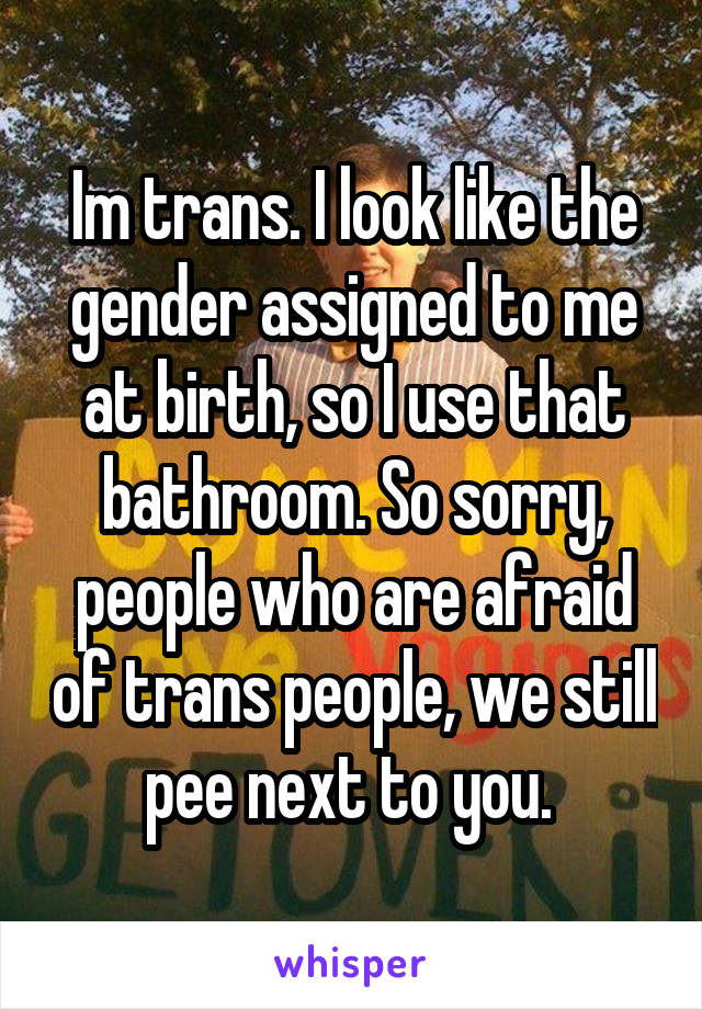 Im trans. I look like the gender assigned to me at birth, so I use that bathroom. So sorry, people who are afraid of trans people, we still pee next to you. 