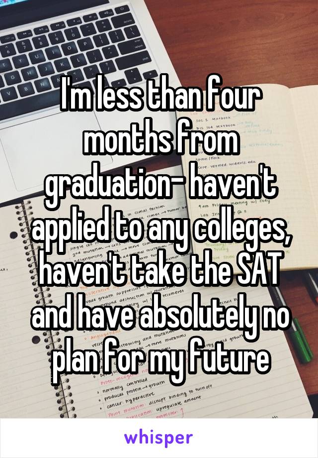 I'm less than four months from graduation- haven't applied to any colleges, haven't take the SAT and have absolutely no plan for my future