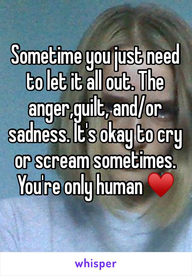 Sometime you just need to let it all out. The anger,guilt, and/or sadness. It's okay to cry or scream sometimes. You're only human ♥️