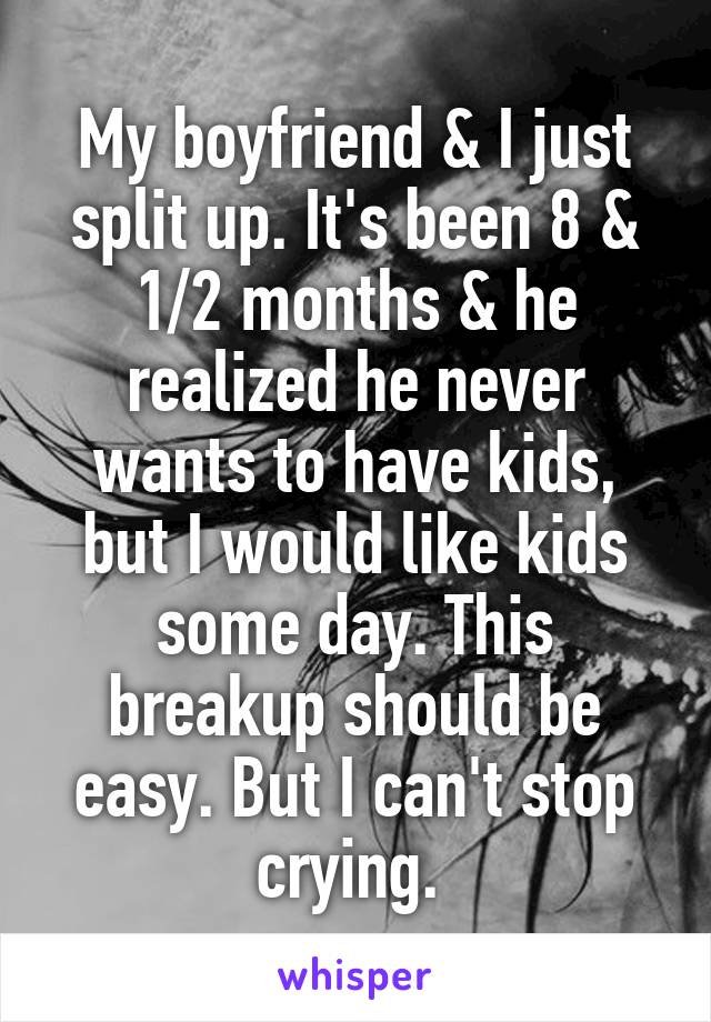 My boyfriend & I just split up. It's been 8 & 1/2 months & he realized he never wants to have kids, but I would like kids some day. This breakup should be easy. But I can't stop crying. 