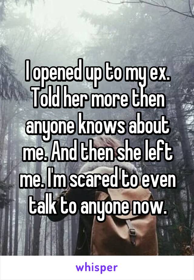 I opened up to my ex. Told her more then anyone knows about me. And then she left me. I'm scared to even talk to anyone now.