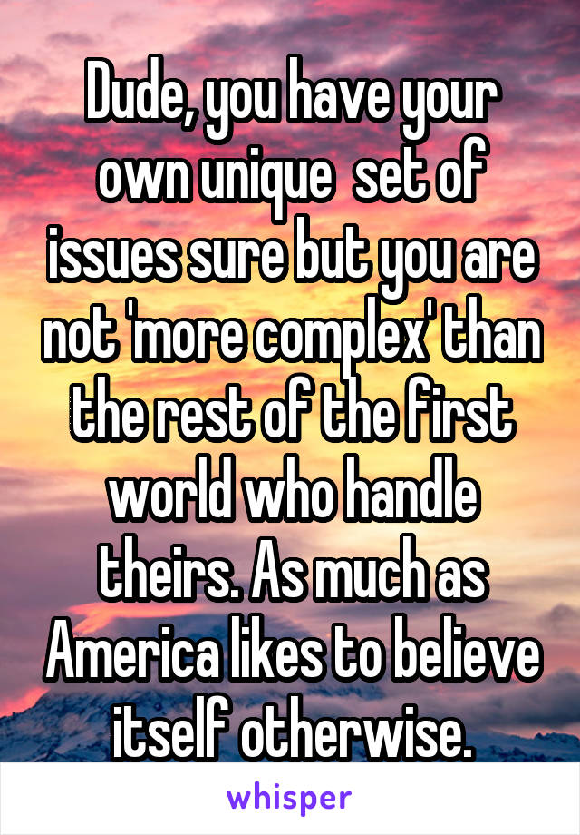 Dude, you have your own unique  set of issues sure but you are not 'more complex' than the rest of the first world who handle theirs. As much as America likes to believe itself otherwise.