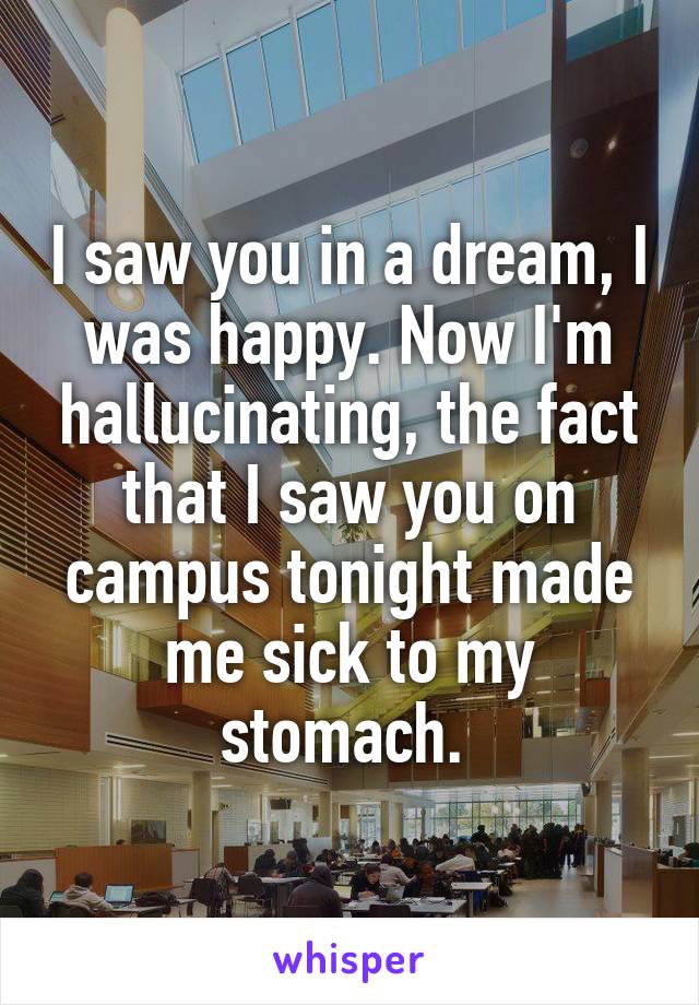 I saw you in a dream, I was happy. Now I'm hallucinating, the fact that I saw you on campus tonight made me sick to my stomach. 