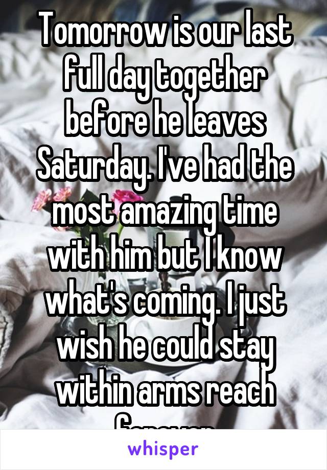 Tomorrow is our last full day together before he leaves Saturday. I've had the most amazing time with him but I know what's coming. I just wish he could stay within arms reach forever