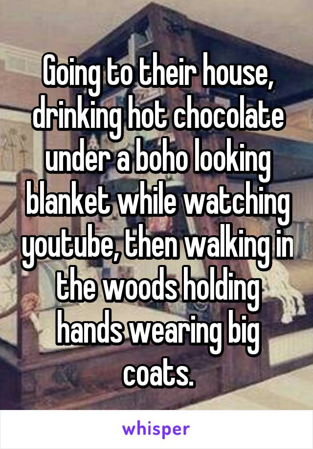 Going to their house, drinking hot chocolate under a boho looking blanket while watching youtube, then walking in the woods holding hands wearing big coats.