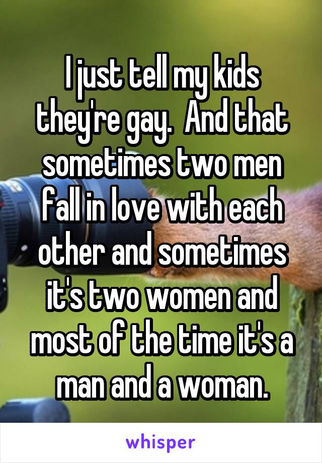 I just tell my kids they're gay.  And that sometimes two men fall in love with each other and sometimes it's two women and most of the time it's a man and a woman.