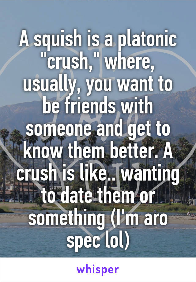 A squish is a platonic "crush," where, usually, you want to be friends with someone and get to know them better. A crush is like.. wanting to date them or something (I'm aro spec lol)