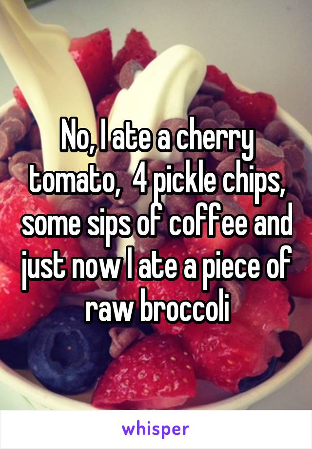 No, I ate a cherry tomato,  4 pickle chips, some sips of coffee and just now I ate a piece of raw broccoli