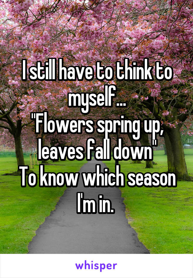 I still have to think to myself...
"Flowers spring up, leaves fall down"
To know which season I'm in. 