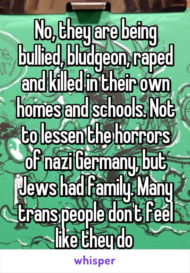 No, they are being bullied, bludgeon, raped and killed in their own homes and schools. Not to lessen the horrors of nazi Germany, but Jews had family. Many trans people don't feel like they do 