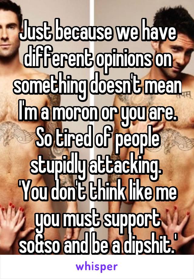 Just because we have different opinions on something doesn't mean I'm a moron or you are.
So tired of people stupidly attacking. 
'You don't think like me you must support so&so and be a dipshit.'