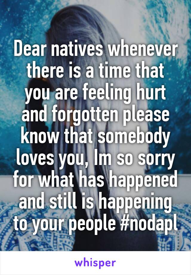 Dear natives whenever there is a time that you are feeling hurt and forgotten please know that somebody loves you, Im so sorry for what has happened and still is happening to your people #nodapl