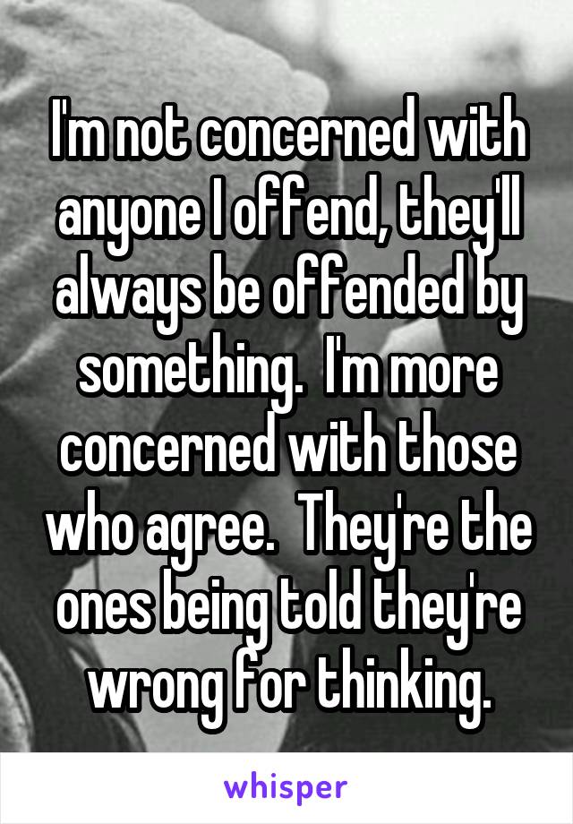 I'm not concerned with anyone I offend, they'll always be offended by something.  I'm more concerned with those who agree.  They're the ones being told they're wrong for thinking.