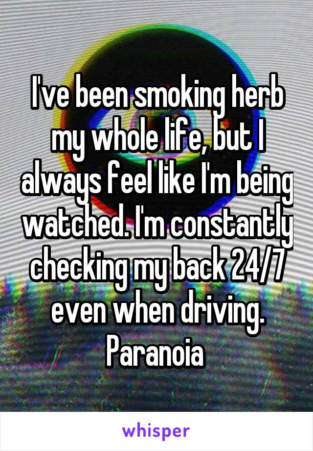 I've been smoking herb my whole life, but I always feel like I'm being watched. I'm constantly checking my back 24/7 even when driving. Paranoia 